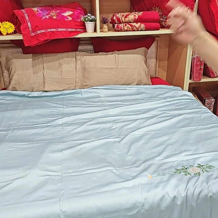 莫代尔纤维长绒棉床单2.45*2.7绣花蓝色轻微折痕