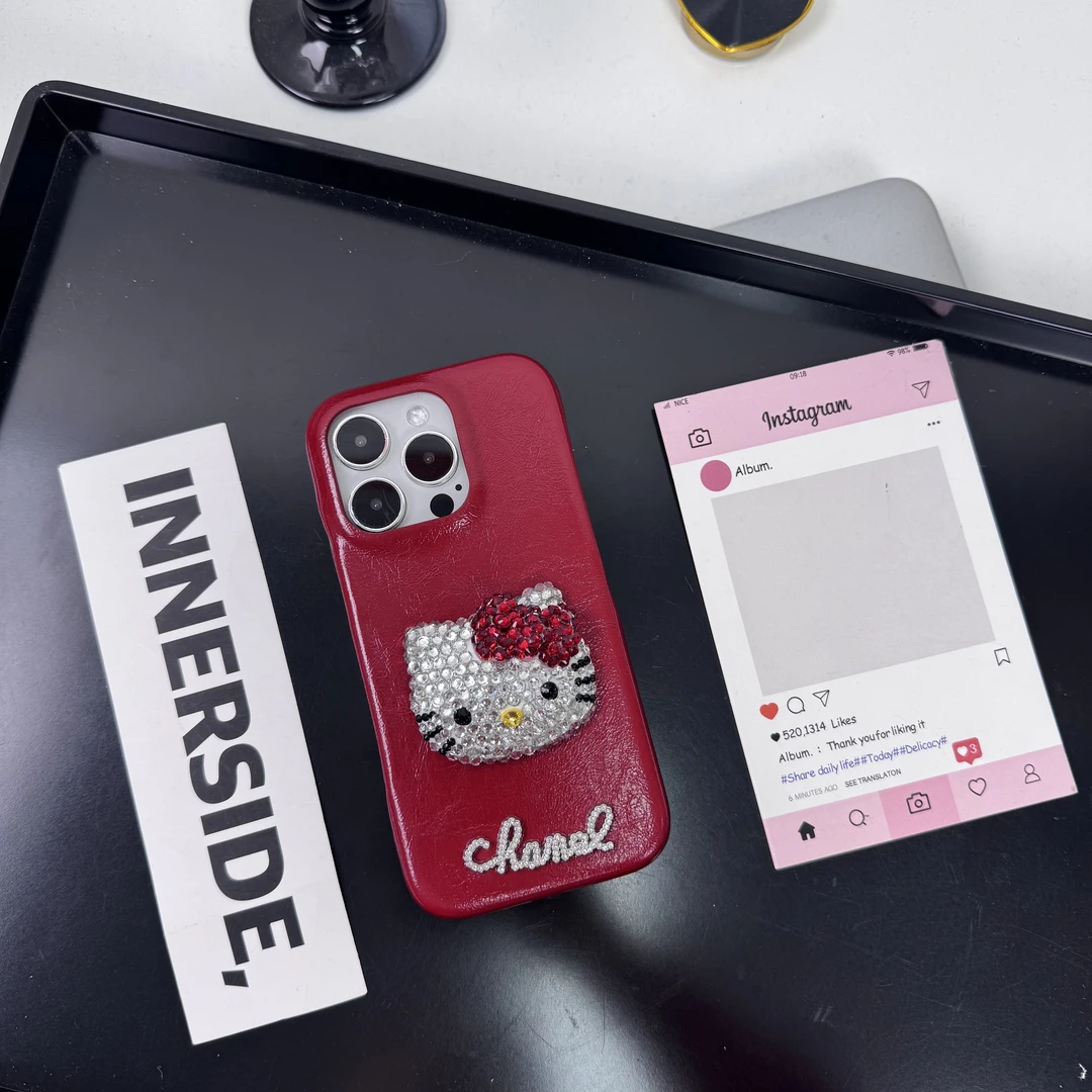 ins日韩简约风公仔KT猫适用于iPhone15满钻16pro皮质16promax壳