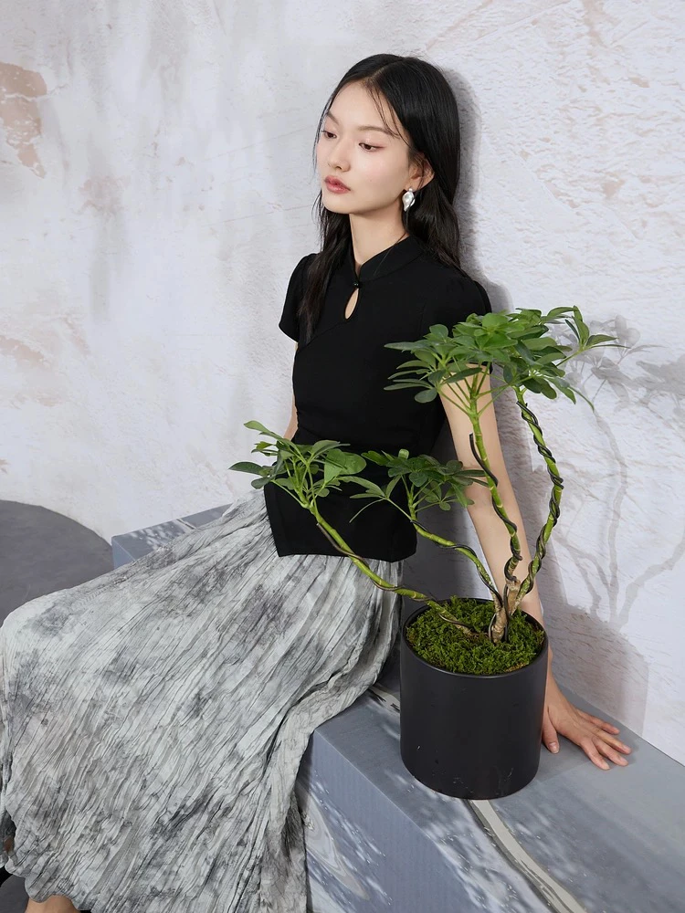 （直接拍）新中式国风盘扣正肩小众修身短袖T恤女装夏季打底衫小码