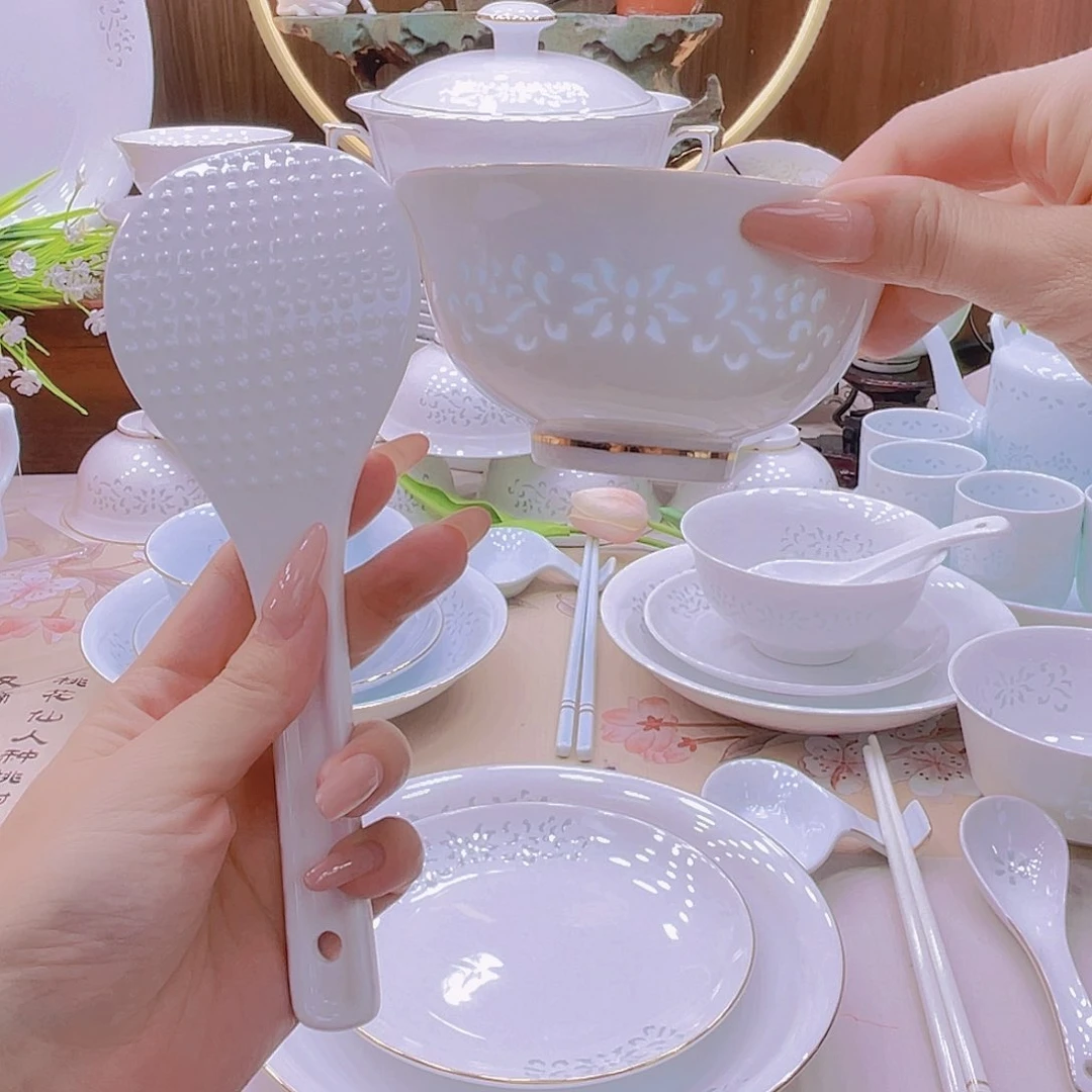 瓷景德镇描金白玲珑米饭碗8个➕饭勺1个