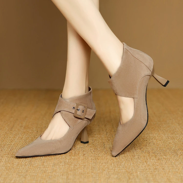7cm~法式真皮名媛气质细跟尖头时装鞋高跟2025秋冬新款时尚裸靴女