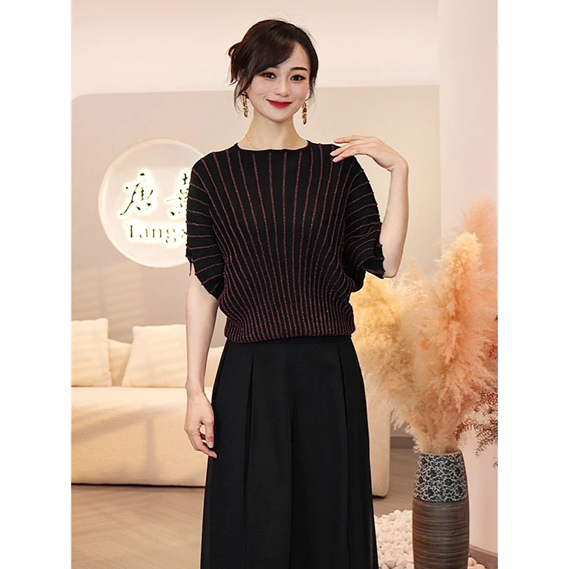 2025夏季新款【7133】时尚气质蝙蝠袖曲珠冰麻撞色竖条纹针织小衫女