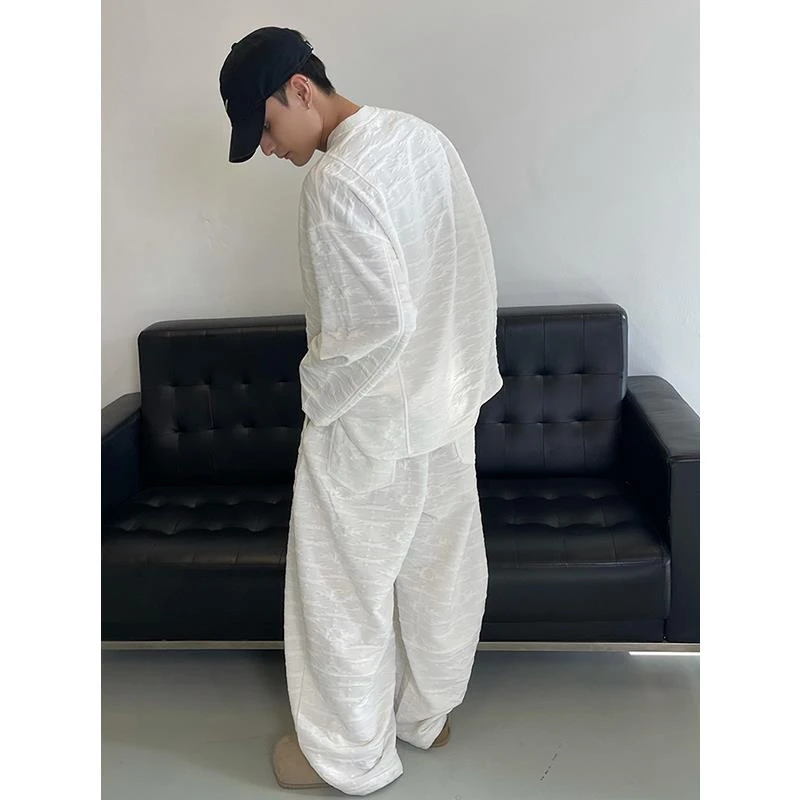 300斤加大码早秋卫衣男肌理感提花长袖两件套装男港风小众宽松潮2