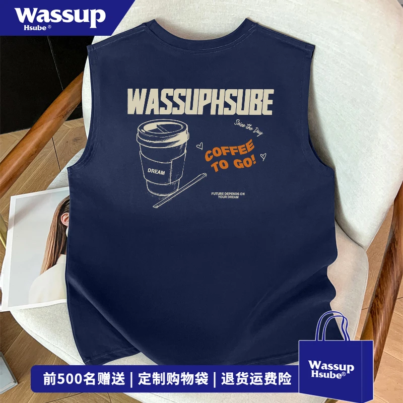 WASSUP HSUBE新款字母印花纯棉无袖背心男宽松休闲藏青色坎肩上衣