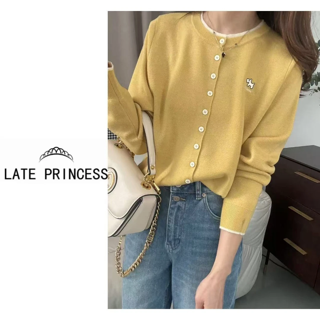 LATE PRINCESS【迷之】卡通小狗刺绣拼色宽松针织开衫上衣早春新款
