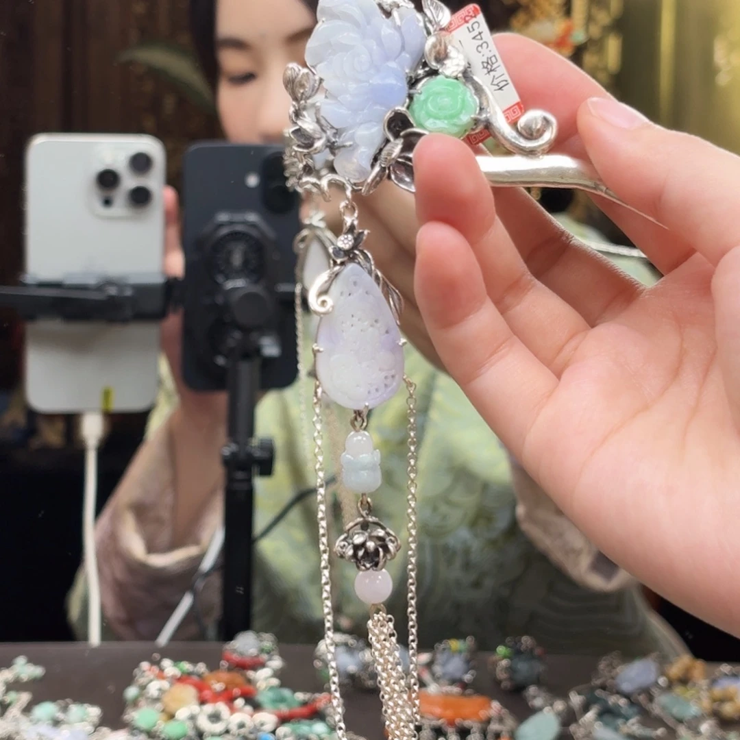 翡翠银S925镶嵌发饰翡翠发簪