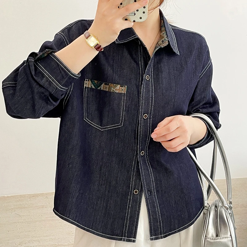 （衣兮复古内衬提花翻领外套）85167早秋新款美式休闲百搭牛仔上衣D