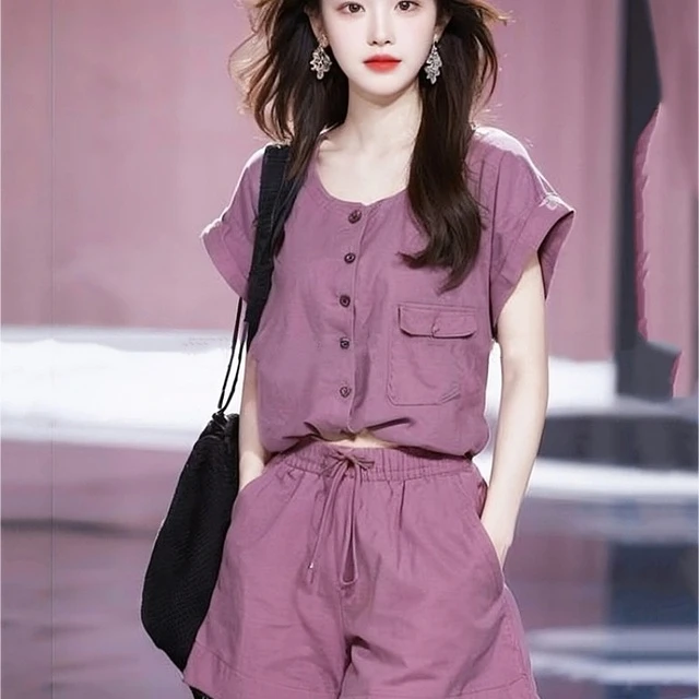 韩剧女主穿搭小香风职业紫色衬衫短裤两件套装女夏休闲气质小个子