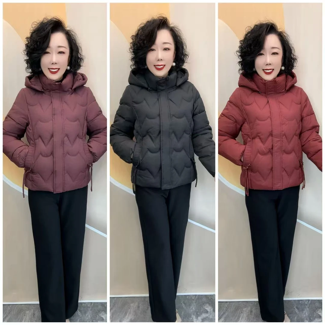 02新款优雅妈妈冬季宽松大码活帽时尚休闲厚棉服外套，64衣长