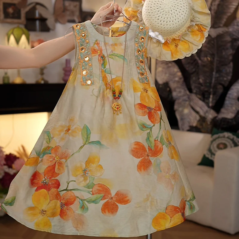 【送帽子】女童夏季无袖刺绣连衣裙女孩度假风背心裙HCB761