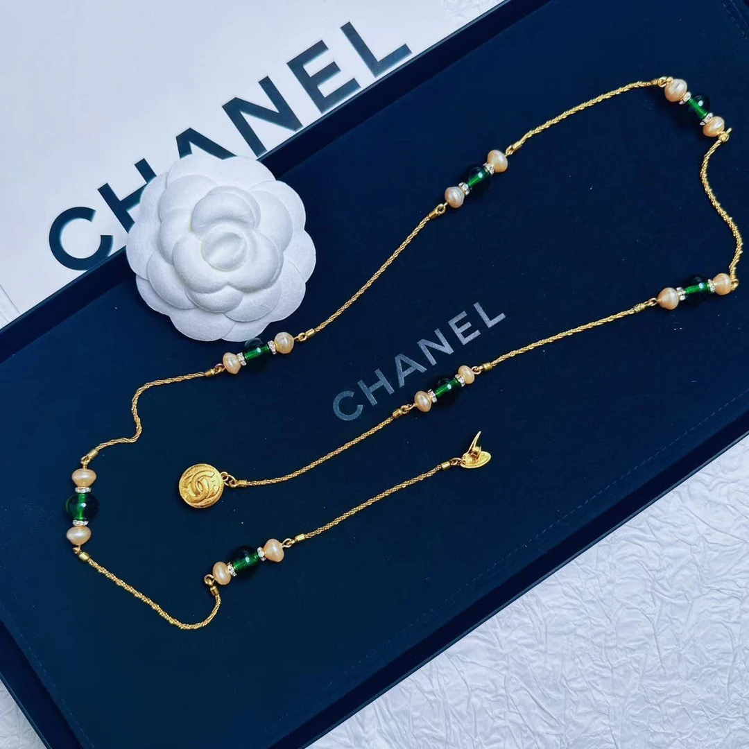 95新 Chanel/香奈儿 柚礼中古/香奈儿绿琉璃珍珠素金项链LE501002