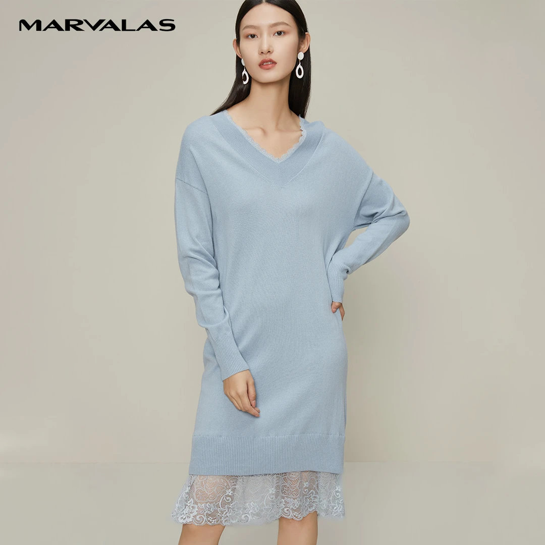 【薇薇专属】V领连衣裙女秋季针织拼接蕾丝套头中长裙M550098