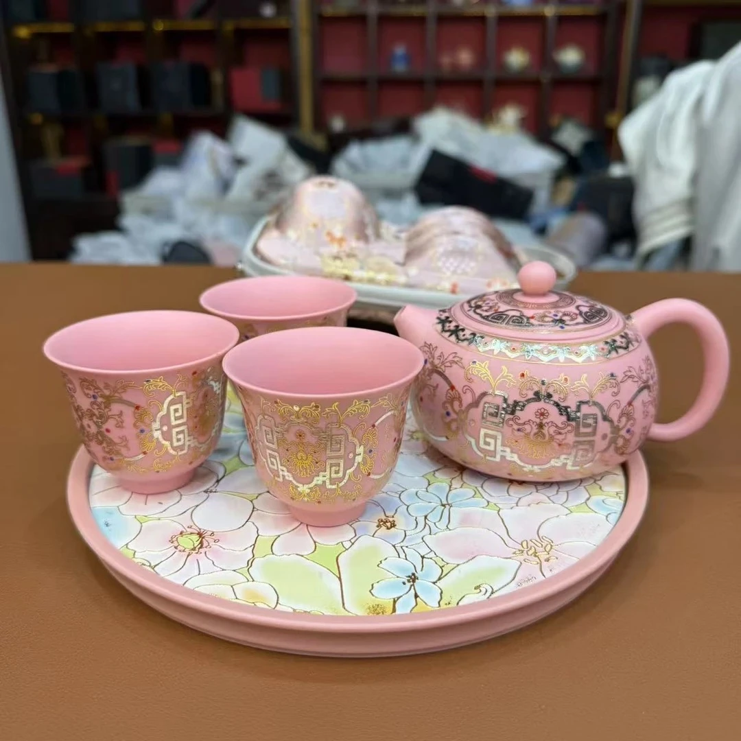 ZH2953-粉底百花干泡盘+粉色黄段泥一壶三杯