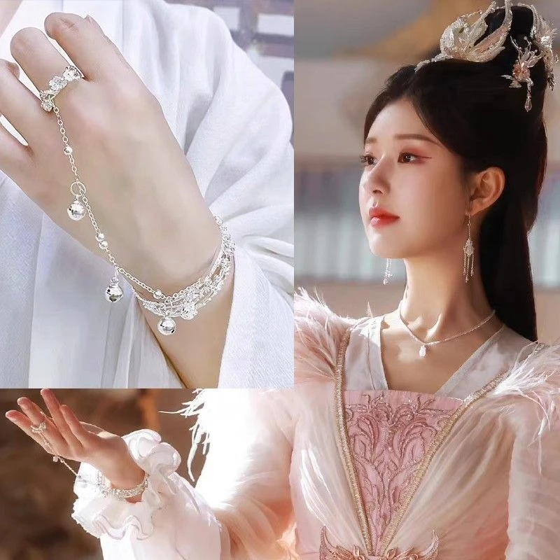 合金手镯 古风手镯女中国风手链戒指一体链汉服开口镯子铃铛手环