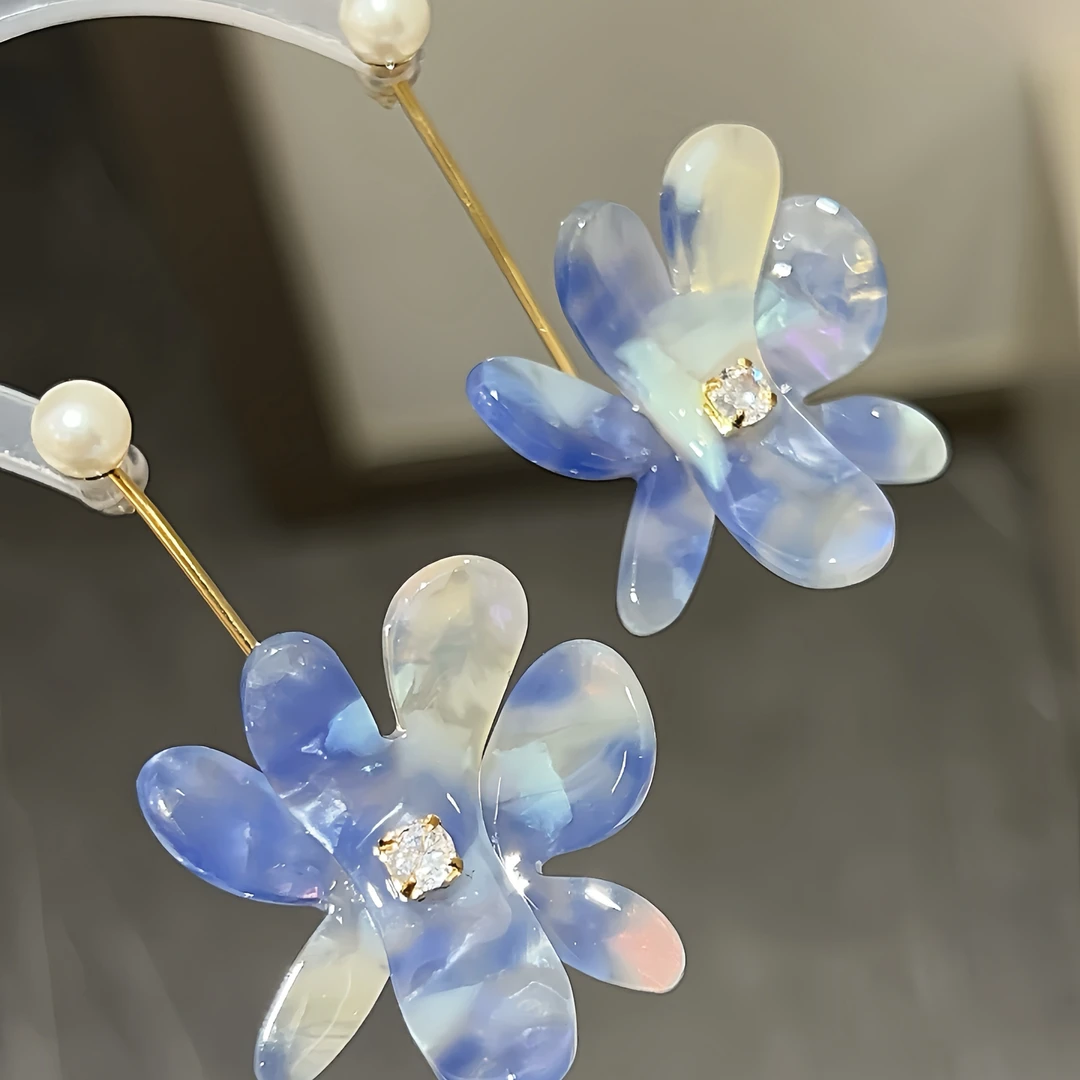 黄铜耳饰 法式优雅夸张醋酸板材蓝色渐变花朵耳钉