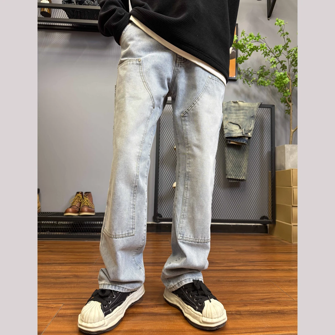 美式高街潮牌痞帅个性牛仔裤男宽松直筒垂感潮流男生显高8002冰蓝