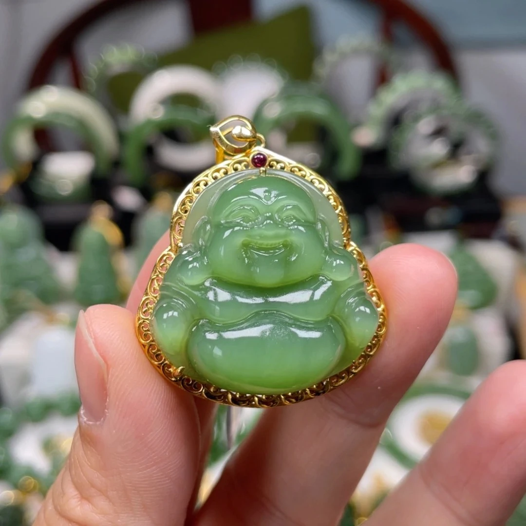 猴教授珠宝18k金纯天然正宗俄料和田碧玉冰底粉绿佛公吊坠裸佛30m