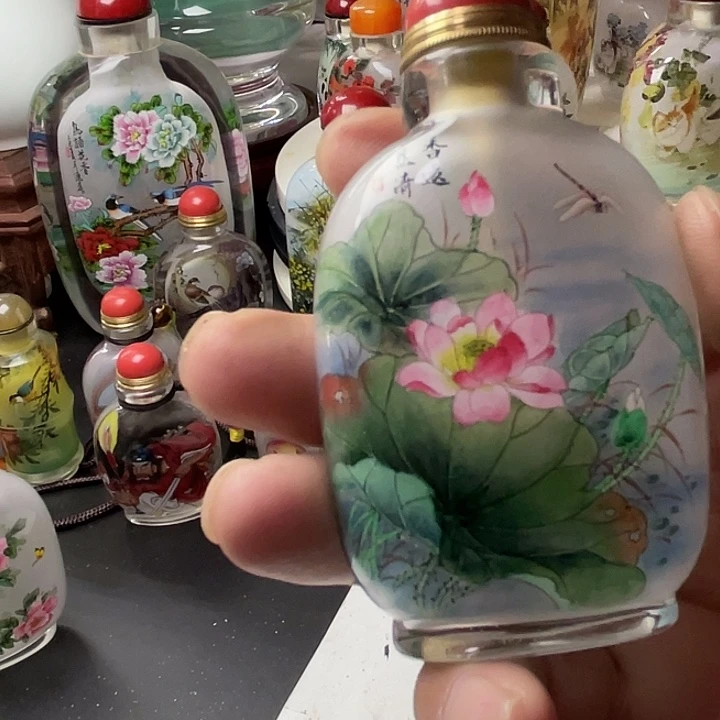 魔***桀有机玻璃内画鼻烟壶绘画荷花
