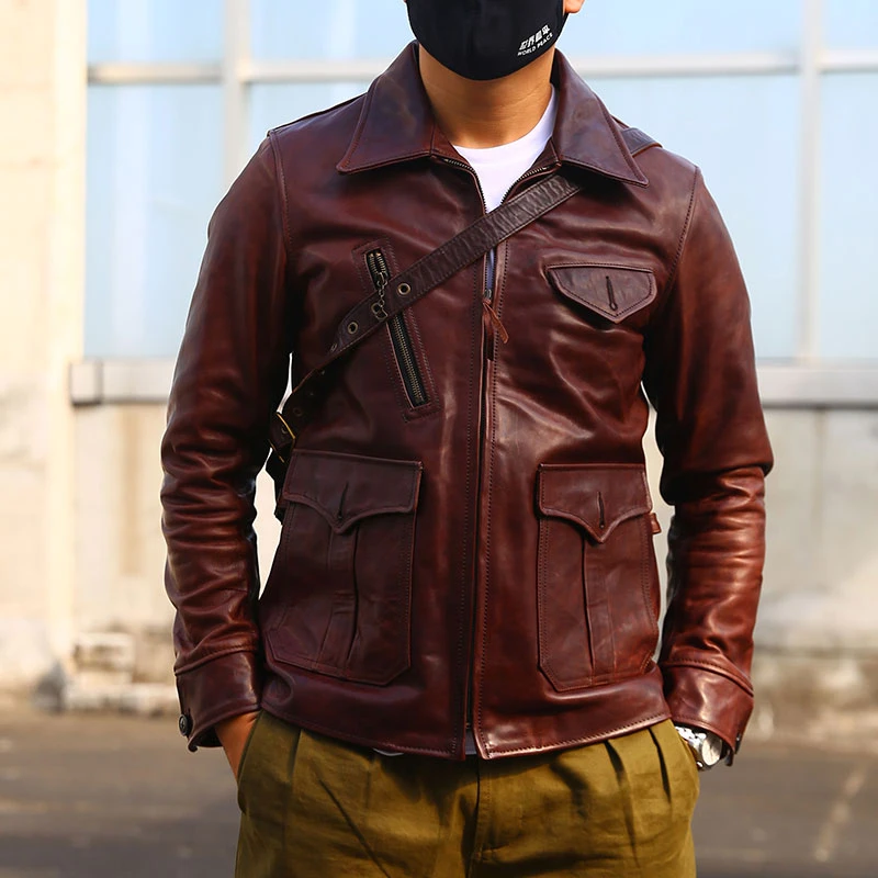 报童 无涂蜡染A级茶芯马皮 全植鞣翻领修身短款机车皮夹克 男皮衣