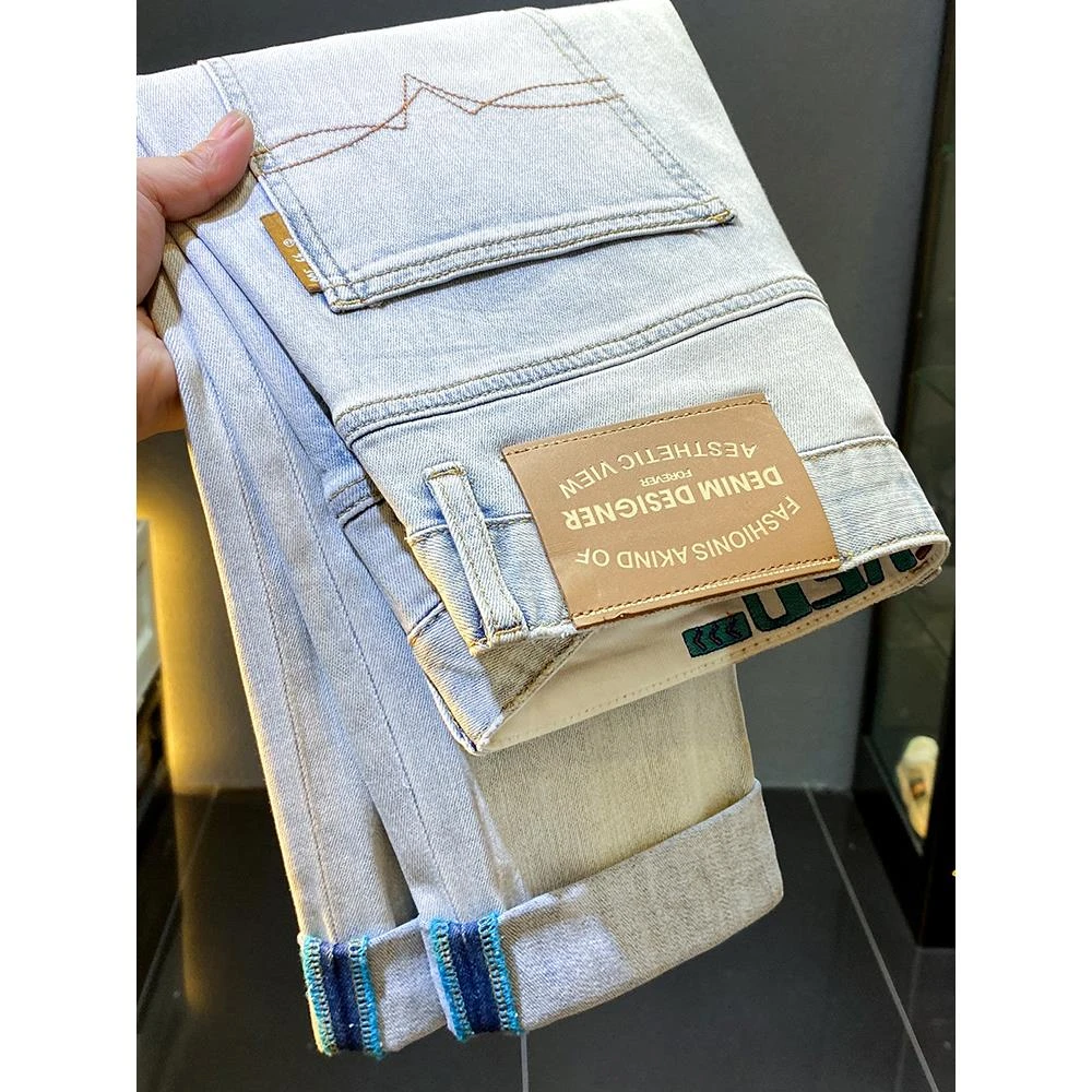 美式高端潮牌秋季新款休闲浅色牛仔裤男士痞帅弹力修身小脚长裤子