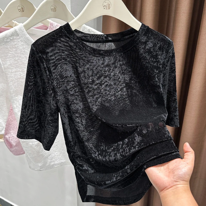 黑色气质高级感钻石毛别致修身短袖T恤2025夏季薄款亲肤女装上衣
