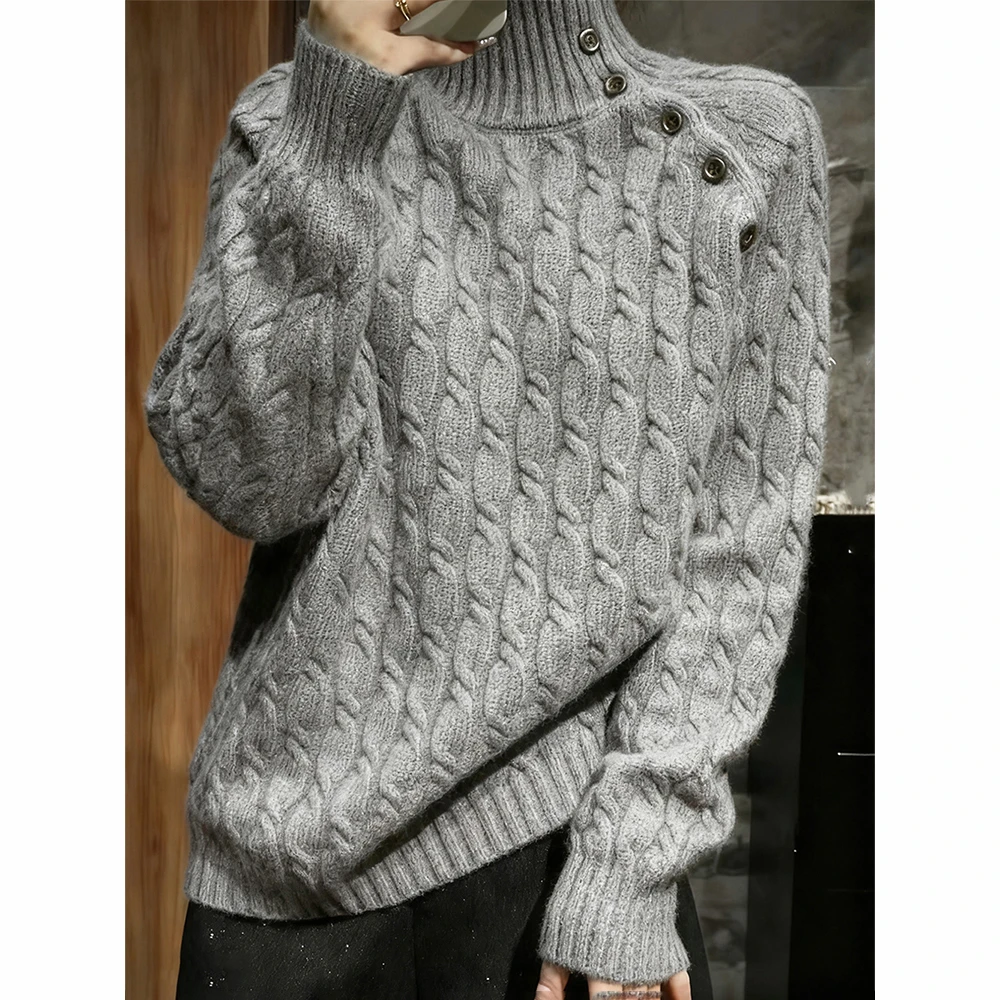 灰色高领麻花纹针织衫女秋冬慵懒高级感宽松大码显瘦内搭毛衣上衣