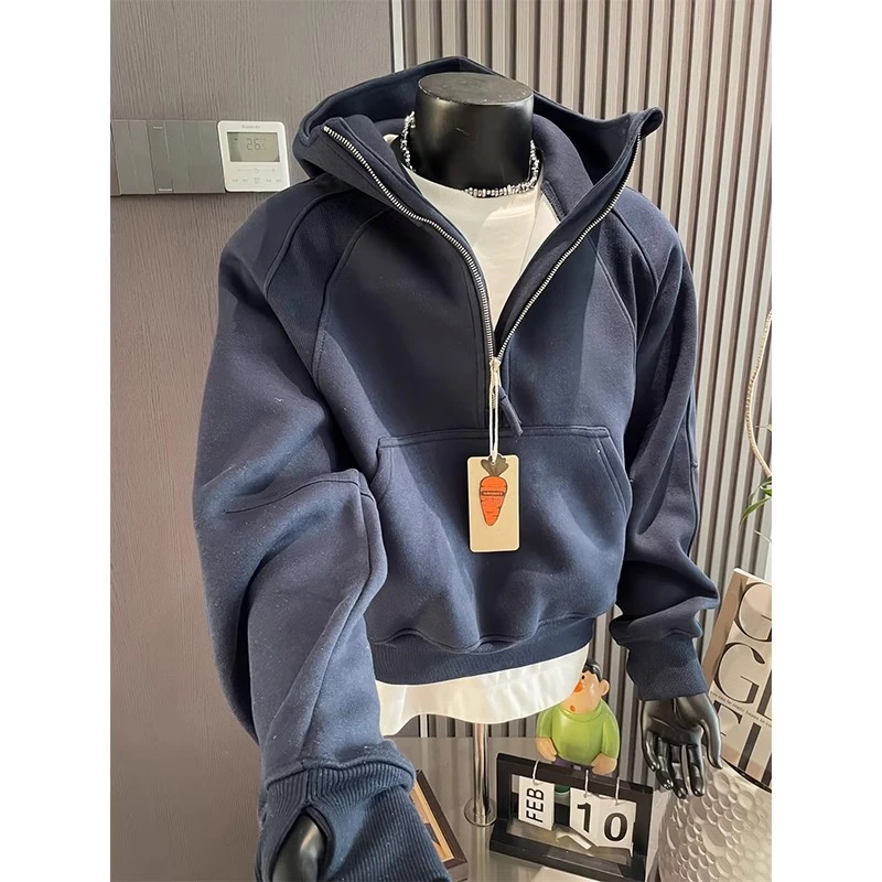 美式半拉链重磅卫衣男春季解构短款廓形外套cleanfit硬挺连帽衫