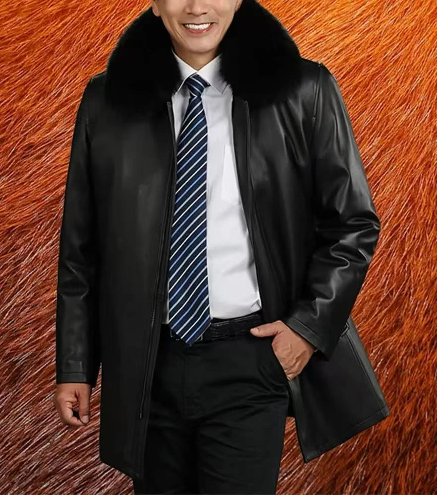 Y037中老年翻领皮衣男加绒加厚中长款大码爸爸装