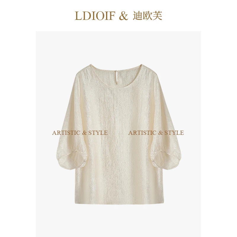 迪欧芙2025年夏季新款气质宽松天丝香槟色短袖小衫#XSY18428