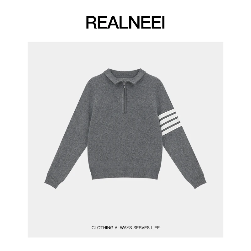 REALNEEI【乌冬】绵眻毛极简松弛立领拼色三条杆长袖毛织上衣01014