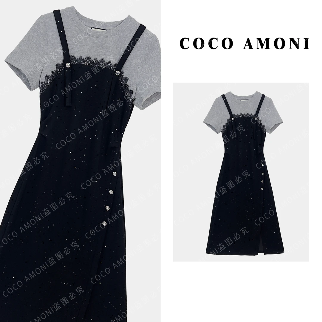 【LL】高级设计师原创新款假两件女装拼接褶皱收腰显瘦连衣裙AC736