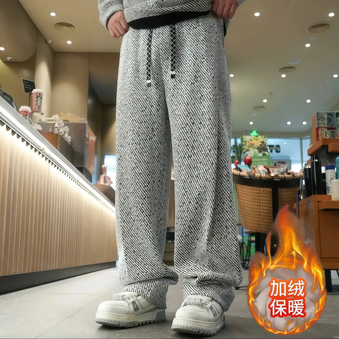 秋冬新款加绒保暖加厚休闲裤男士潮牌宽松百搭斜条纹阔腿直筒长裤