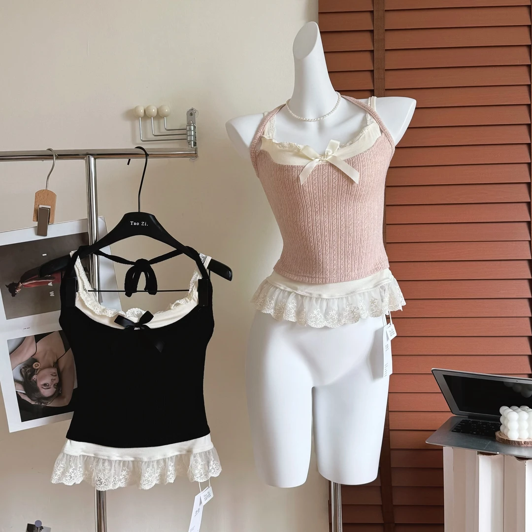 恋爱响铃 肌理双色假两件吊带细肩带性感蕾丝花边上衣
