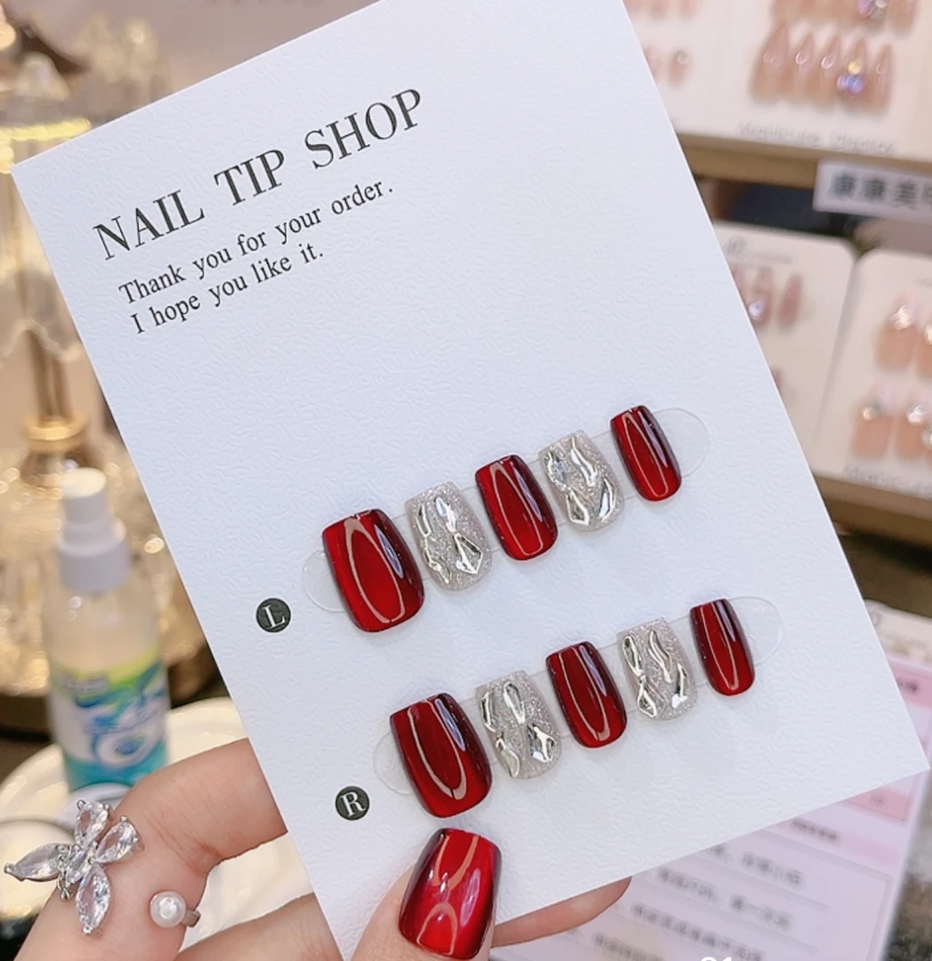 【猫眼酒红满钻】065号10片装纯手工穿戴美甲