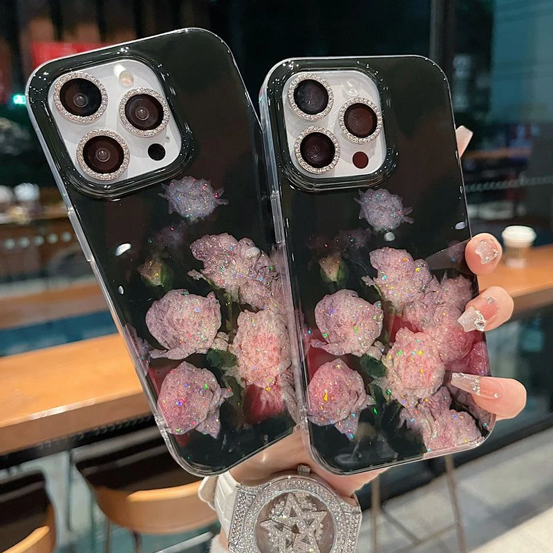适用苹果系列iPhone16新款手机壳高级黑底闪粉玫瑰全包防摔大孔