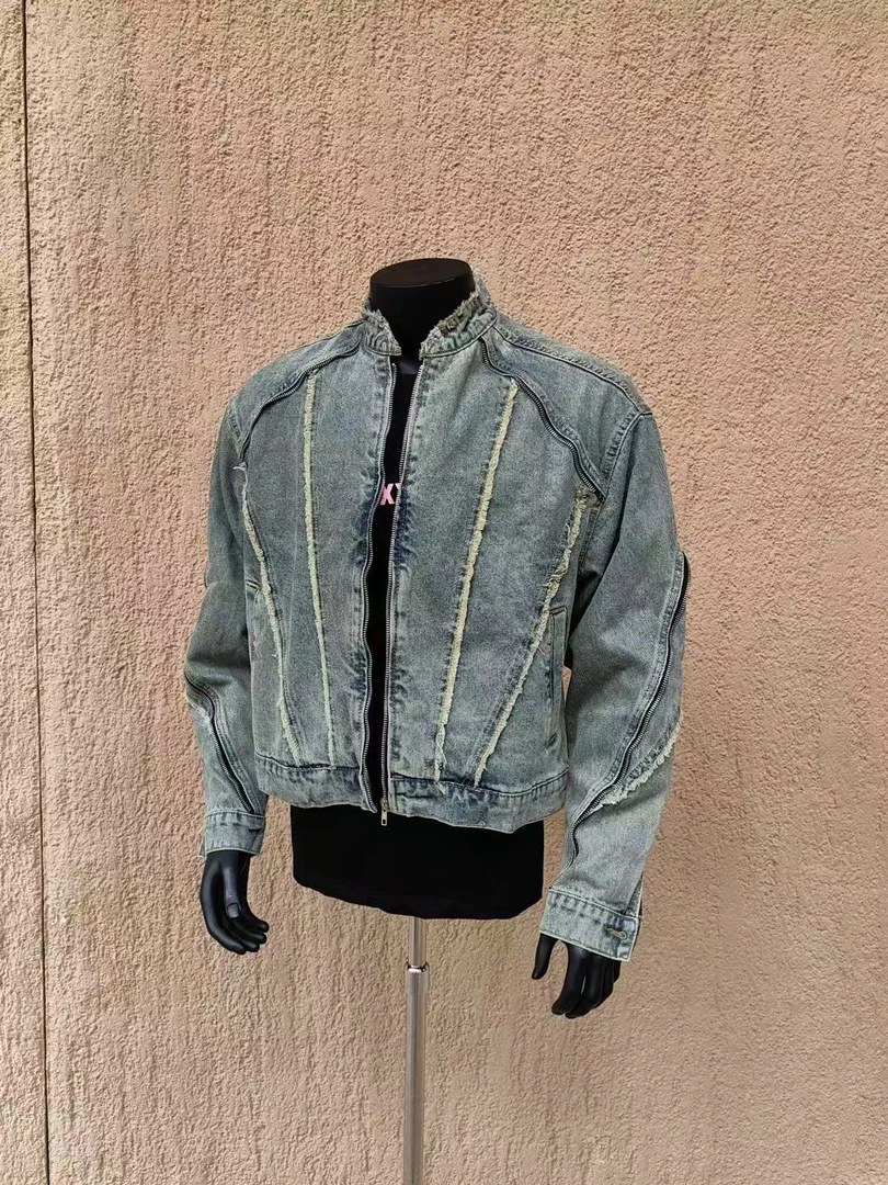 8632 美式复古解构毛边水洗牛仔外套男春秋季短款立领帅气夹克潮