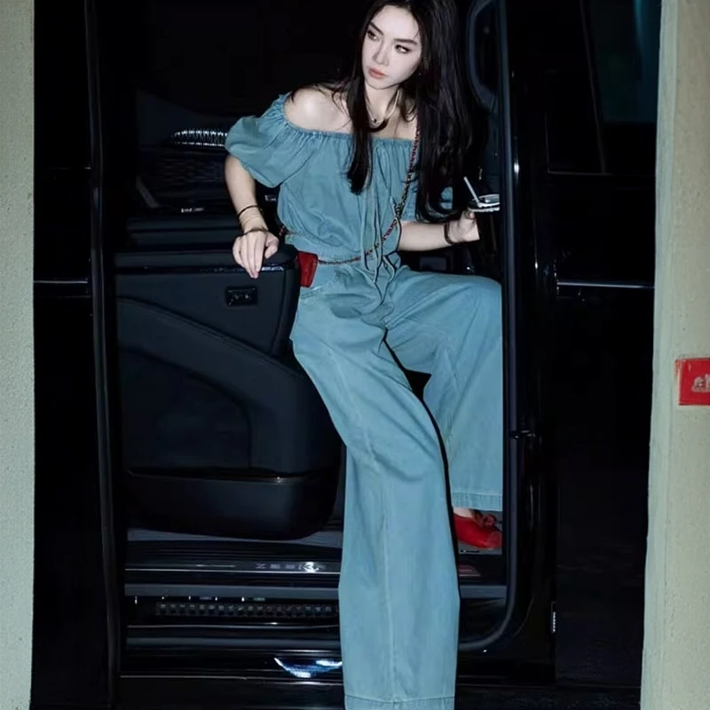 2025超火夏装一整套又酷又飒港风复古蓝色牛仔衬衫阔腿裤两件套装