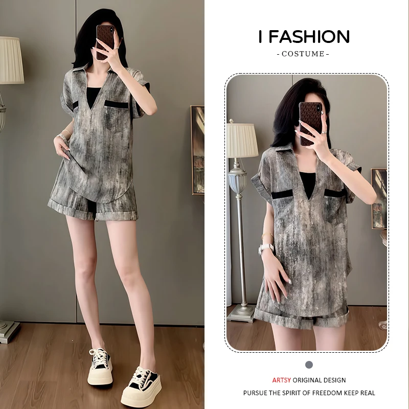 时尚欧货休闲套装女2025年夏季新款设计感拼接上衣高腰短裤两件套