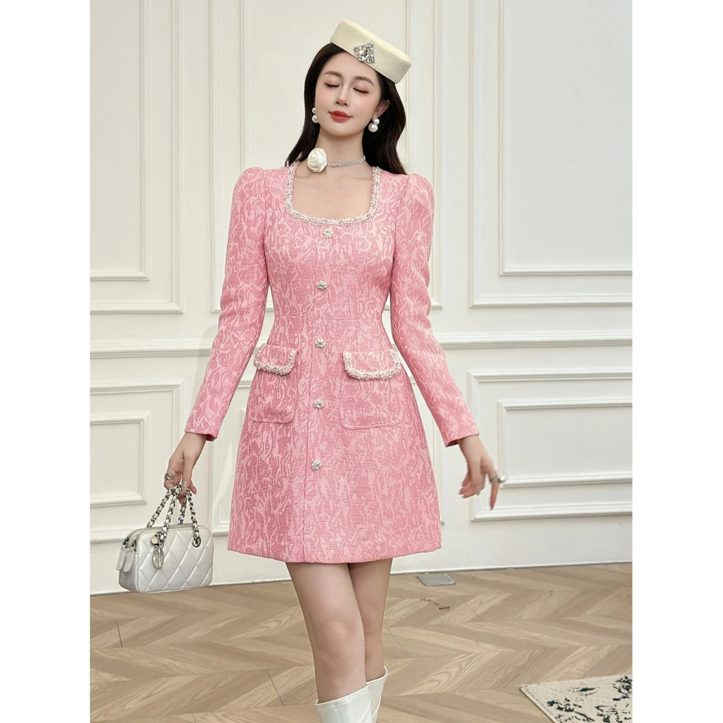欧洲站粉色连衣裙女秋冬季小香风气质钉珠镶钻收腰a字裙生日礼服