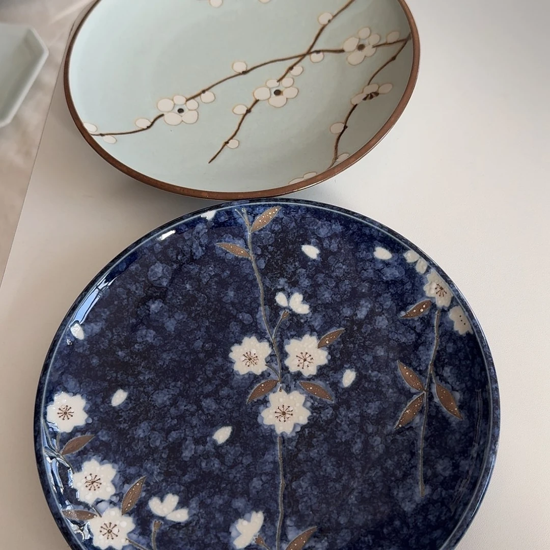 瓷片2只19厘米平盘，蓝梅➕蓝樱花