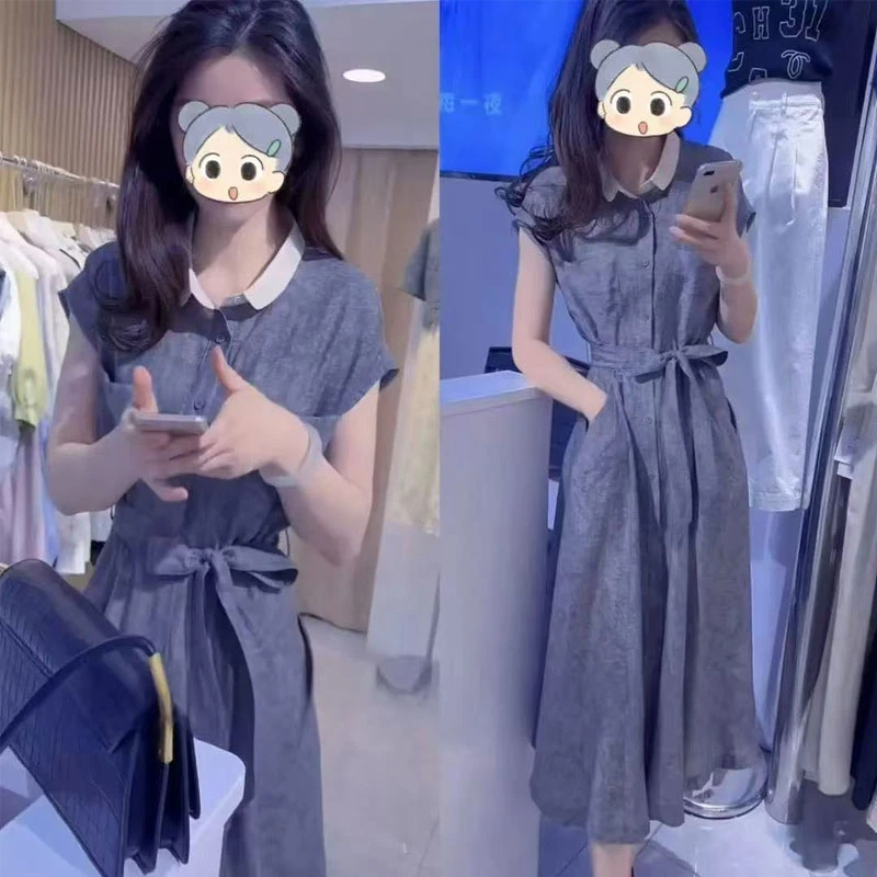 欧洲站2025夏季新款百搭休闲宽松舒适翻领收腰显瘦减龄连衣裙女潮