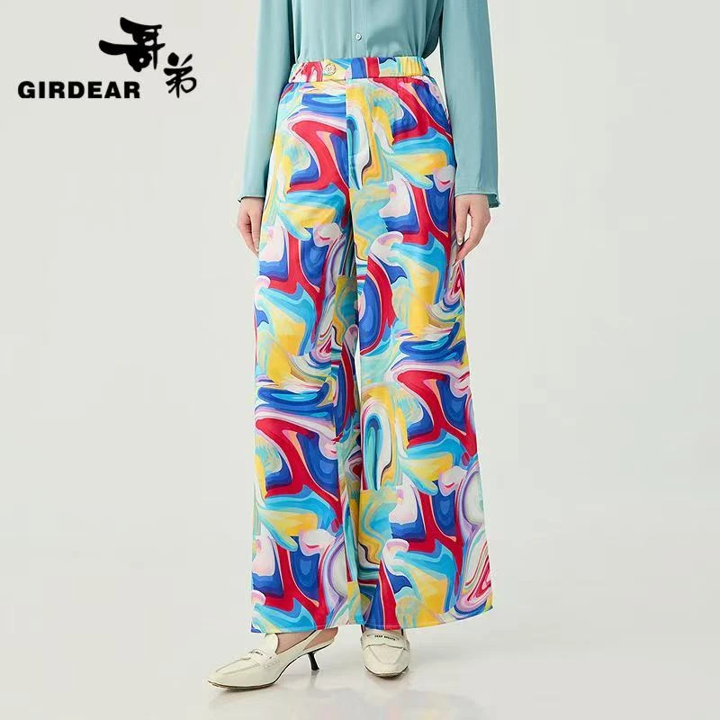 GIRDEAR/哥弟1100456 哥弟法式假日复古繁花垂感高腰时尚阔腿裤女