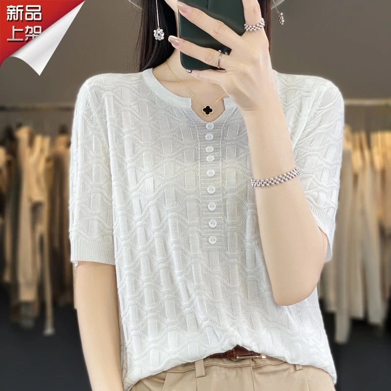 品牌商场款夏季小香风V领时尚针织衫2025短袖设计简约休闲百搭T恤