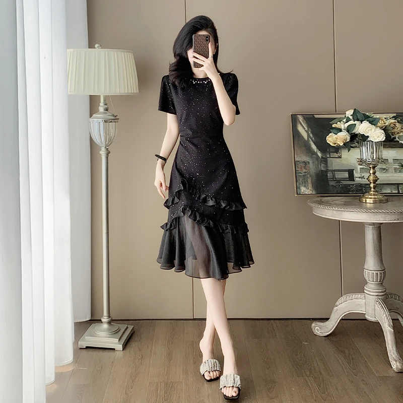 2025夏新款高端轻奢黑色连衣裙女收腰显瘦拼接网纱精致气质鱼尾裙
