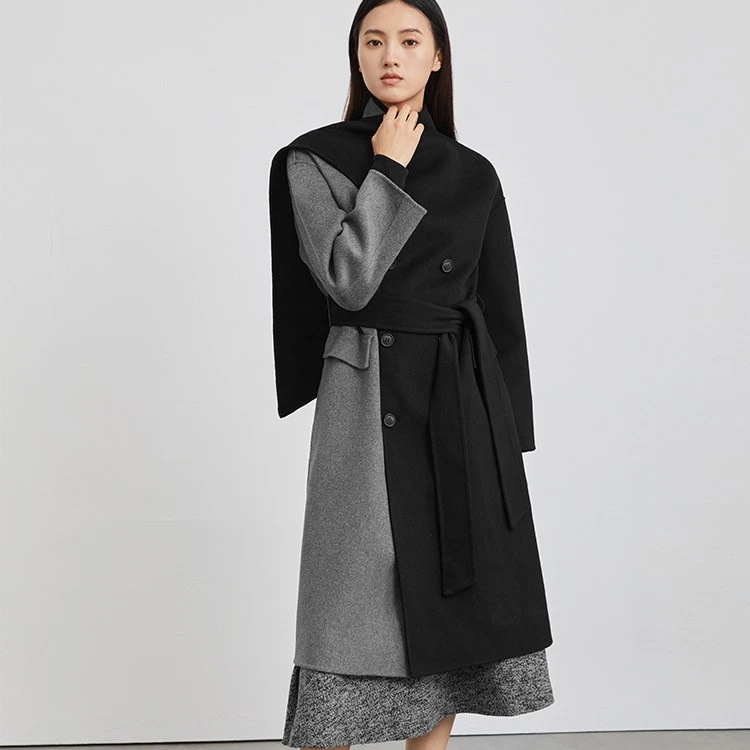 圣迪奥女装时尚气质撞色显瘦系带毛呢长款大衣S223Z2505