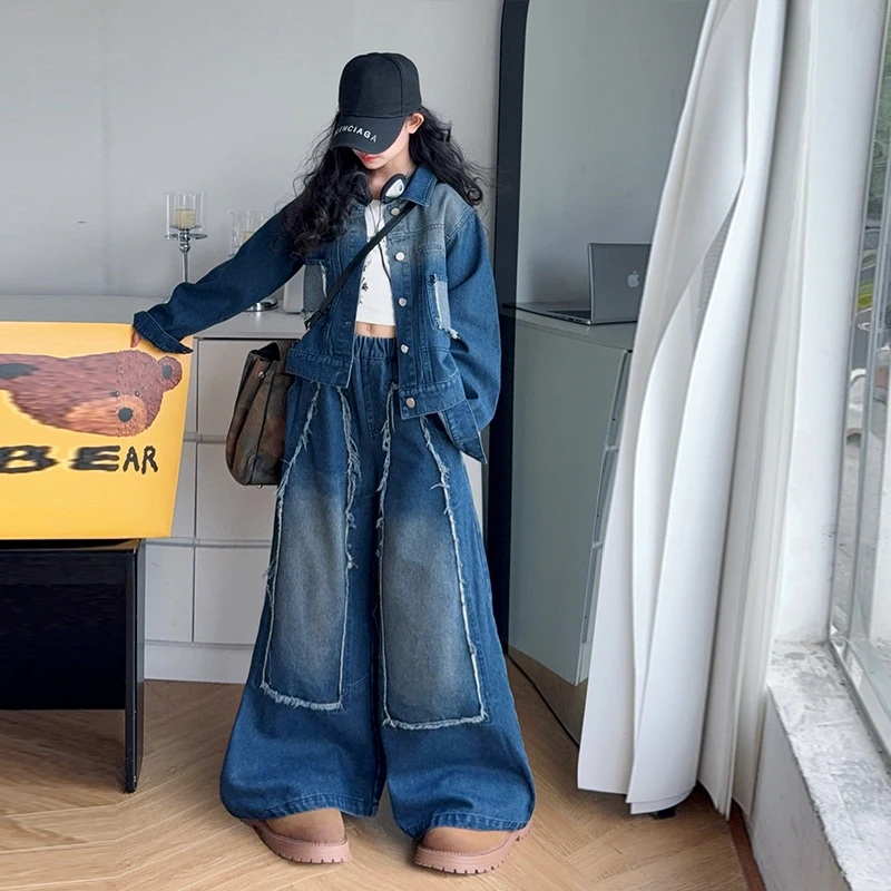 【嘻嘻柚】女童秋款渐变毛边牛仔套装2025新韩系牛仔翻领外套阔腿裤
