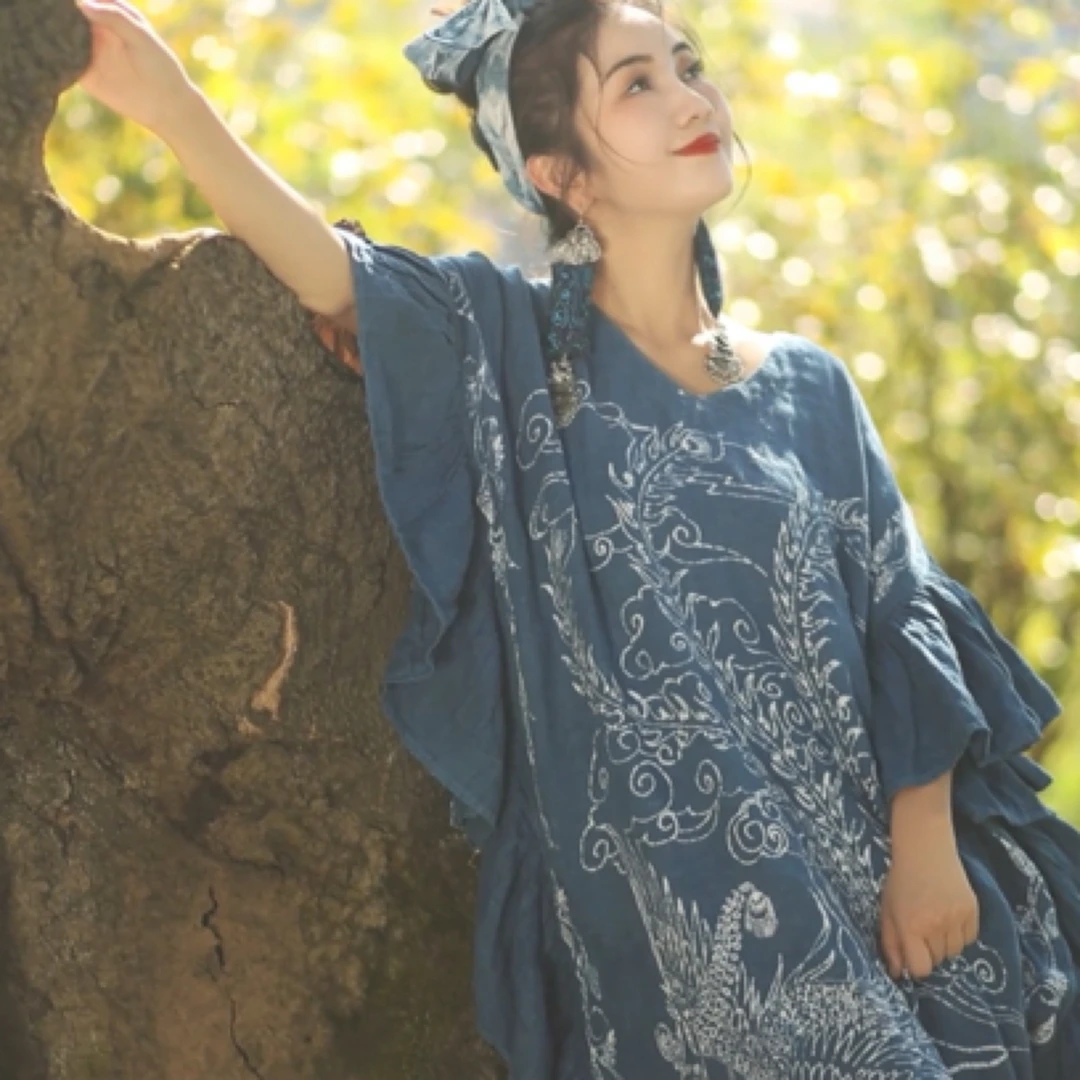 民族风手工植物染蜡染时尚连衣裙