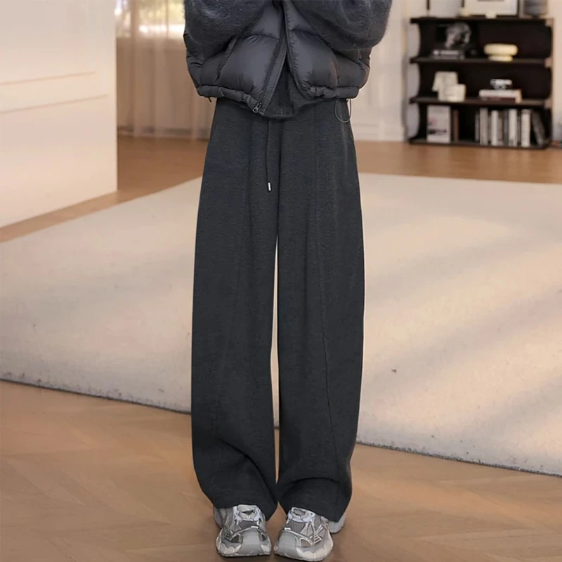 2026秋冬休闲裤女秋季新款高腰抽绳纯色直筒阔腿裤长裤