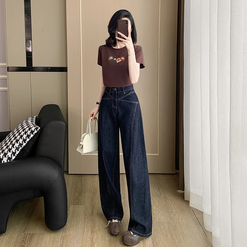 正肩短袖女t恤小个子穿搭显瘦上衣夏季薄款蓝色直筒牛仔裤阔腿裤