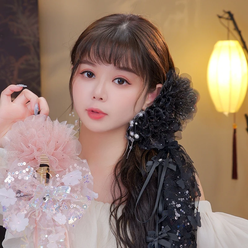 【云汐】超仙抓夹亮片丝带蝴蝶结发饰蕾丝烫钻可拆卸流苏鲨鱼夹头饰